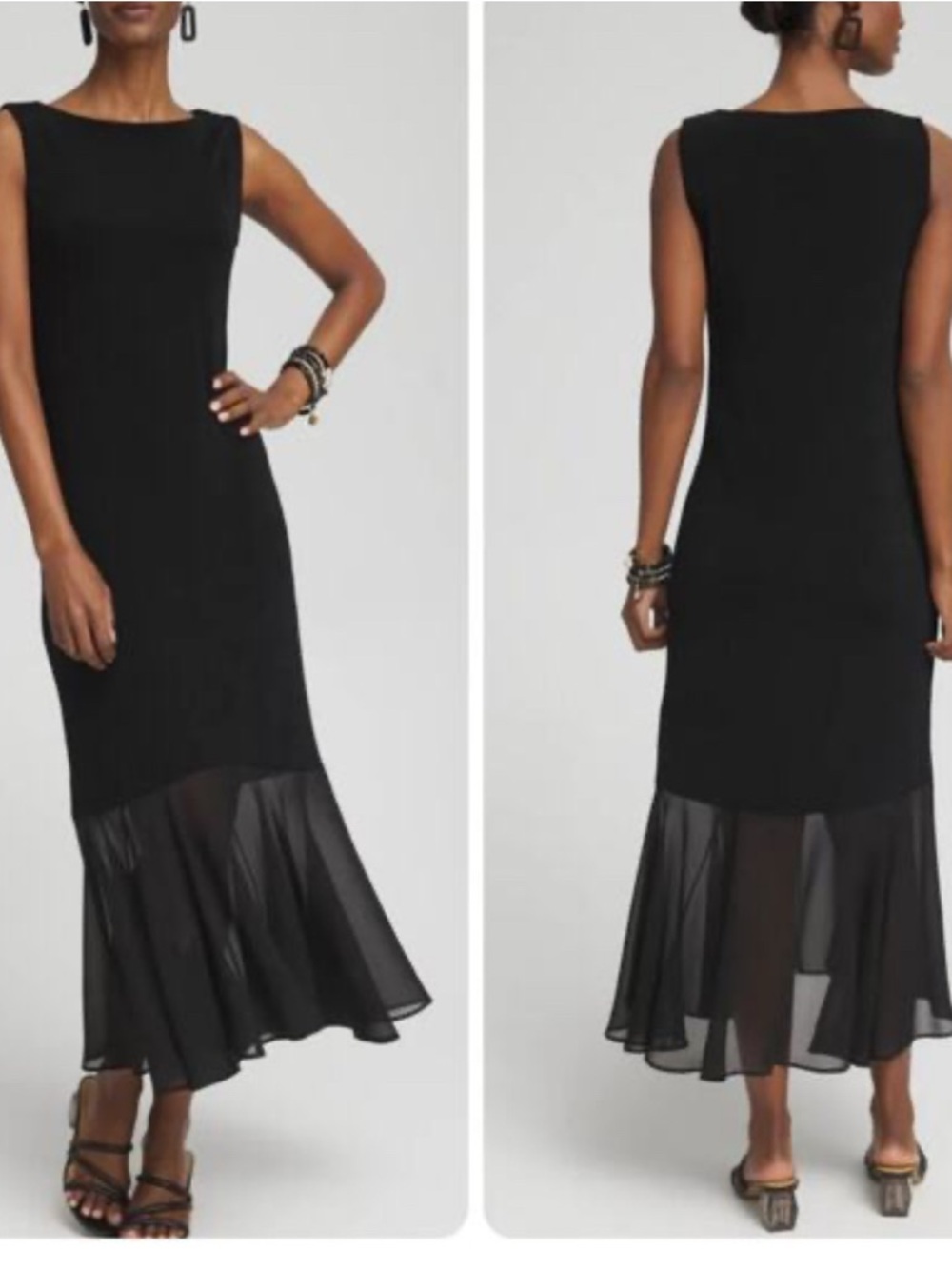 Chico's Black Sleeveless Maxi Dress with Sheer Flounce Hem